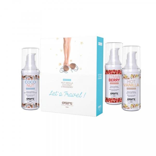 LET'S TRAVEL! Warming gourmet massage oils (Strawberry, Hot Vanilla, Coconut) 3 x 30ml