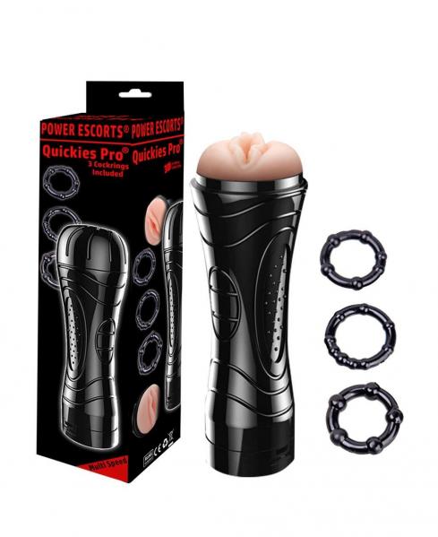 Quickes Pro - Vibrating masturbator + 3 pack cockring