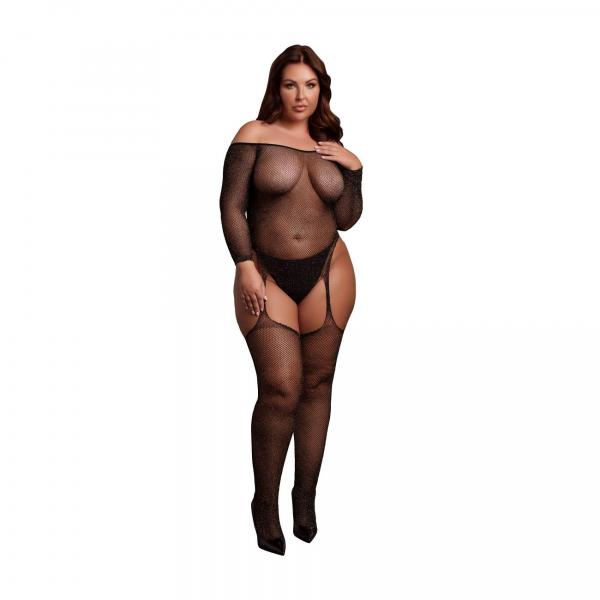 Shimmering Off the Shoulder Bodystocking - Plus Size - Black/Gold Glitter
