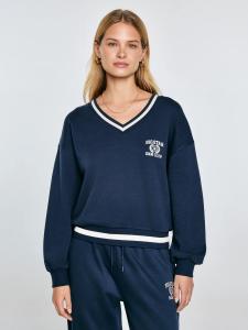 Bluza damska w stylu college z haftem z dekoltem v-neck granatowa Gabriella 403