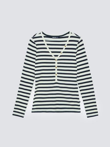 Bluzka damska z dekolotem v-neck w paski granatowa Mella 403