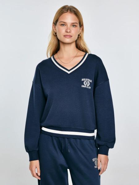 Bluza damska w stylu college z haftem z dekoltem v-neck granatowa Gabriella 403