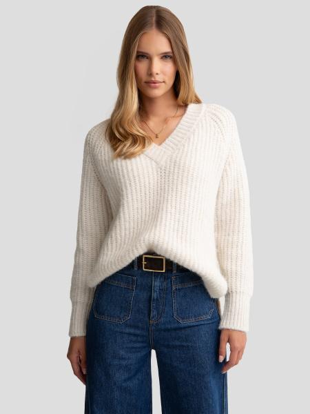 Sweter damski z dekoltem v-neck perłowy Mayamiya 103