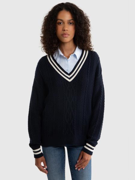Sweter damski z wiskozy z dekoltem v-neck granatowy Cyntylia 403