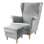SELSEY Fotel z podnóżkiem Malmo jasnoszary w tkaninie Easy Clean na bukowych nóżkach