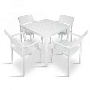 SELSEY Zestaw ogrodowy stół kwadratowy Cube 70 cm i 4 krzesła z podłokietnikami Trill Nardi z certyfikowanego tworzywa biały