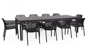 SELSEY Zestaw ogrodowy rozkładany stół Rio 210-280x100 cm i 10 krzeseł Net Nardi z certyfikowanego tworzywa antracytowy