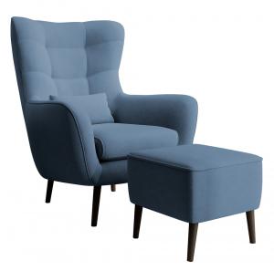 SELSEY Fotel wypoczynkowy z podnóżkiem uszak Vence niebieski w tkaninie łatwoczyszczącej welur nóżki czarne