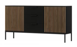SELSEY Komoda dwudrzwiowa Kastano 150 cm z trzema szufladami Czarna/Dąb artisan