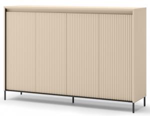 SELSEY Komoda wysoka Trend czterodrzwiowa z oświetleniem 153 cm ryflowane fronty beż piaskowy / czarny
