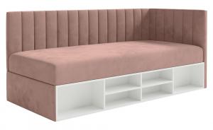 SELSEY Łóżko młodzieżowe 90x200 cm Ventrio prawostronne z pojemnikiem i półkami jasnoróżowe welur hydrofobowy łatwoczyszczący