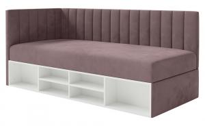 SELSEY Łóżko młodzieżowe 90x200 cm Ventrio lewostronne z pojemnikiem i półkami fioletowe welur hydrofobowy łatwoczyszczący
