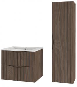 SELSEY Zestaw łazienkowy z umywalką i słupkiem Stella 95 cm ryflowane fronty orzech / czarny mat