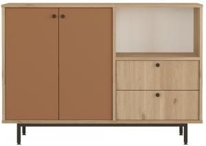 SELSEY Komoda Solvages 120 cm z dwiema szufladami i półkami musztardowa/ dąb naturalny