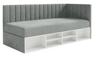 SELSEY Łóżko młodzieżowe 90x200 cm Ventrio prawostronne z pojemnikiem i półkami szare welur hydrofobowy łatwoczyszczący
