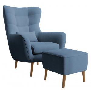 SELSEY Fotel wypoczynkowy z podnóżkiem uszak Vence niebieski w tkaninie łatwoczyszczącej welur nóżki buk
