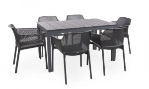 SELSEY Zestaw ogrodowy rozkładany stół Rio 140-210x85 cm i 6 krzeseł Net Nardi z certyfikowanego tworzywa antracytowy