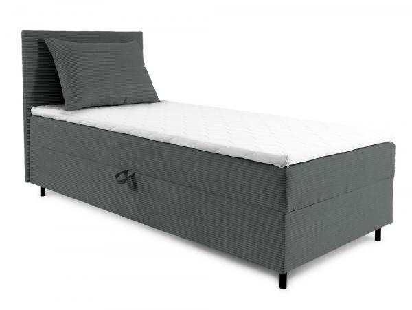 SELSEY Łóżko kontynentalne jednosobowe Montigo Mini 70x200 cm z pojemnikiem, topperem i poduszką szare sztruks nogi czarne lewostronne