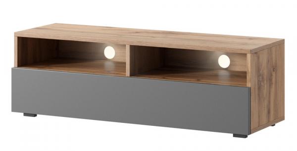 SELSEY Szafka RTV z szufladą Rednaw 100 cm z oświetleniem LED Dąb wotan / Szary połysk