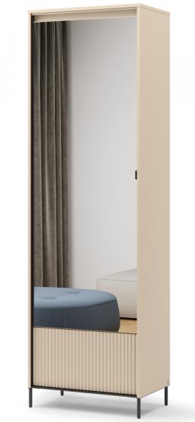 SELSEY Szafa jednodrzwiowa Trend z lustrem i oświetleniem 65 cm ryflowany front beż piaskowy / czarny