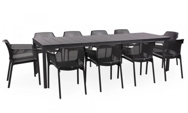 SELSEY Zestaw ogrodowy rozkładany stół Rio 210-280x100 cm i 10 krzeseł Net Nardi z certyfikowanego tworzywa antracytowy
