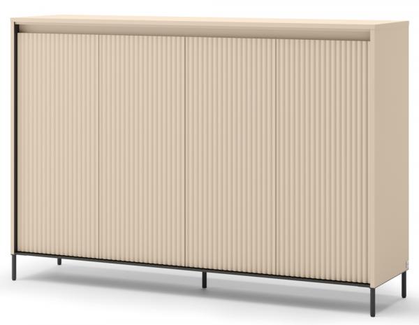 SELSEY Komoda wysoka Trend czterodrzwiowa z oświetleniem 153 cm ryflowane fronty beż piaskowy / czarny