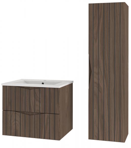 SELSEY Zestaw łazienkowy z umywalką i słupkiem Stella 95 cm ryflowane fronty orzech / czarny mat