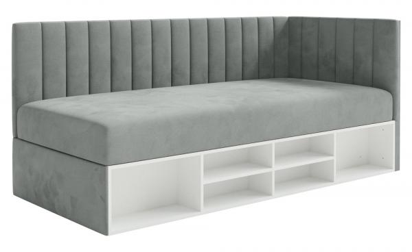 SELSEY Łóżko młodzieżowe 90x200 cm Ventrio prawostronne z pojemnikiem i półkami szare welur hydrofobowy łatwoczyszczący
