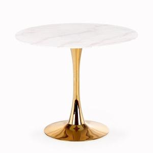 Stół okrągły Casemiro 90 x 75 cm, blat biały marmur, stal chromowana złota