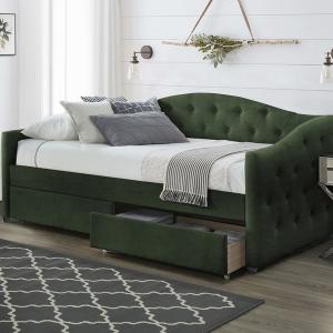 Łóżko tapicerowane Aloha z szufladami, tkanina velvet ciemny zielony