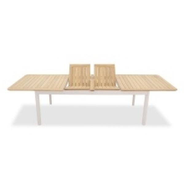 Rozkładany stół ogrodowy Porticato 211-300 cm drewno akacjowe FSC, teak look, jasnobeżowy
