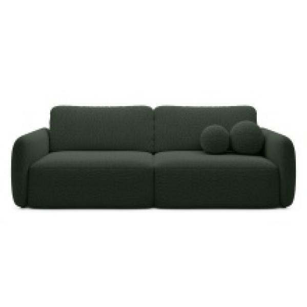 Sofa rozkładana Botse ciemnozielona z pojemnikiem, obłe kształty, boucle