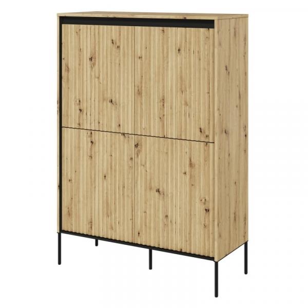 Komoda czterodrzwiowa Trend, 98 cm, oświetlenie LED, dąb artisan/czarna, ryflowany front