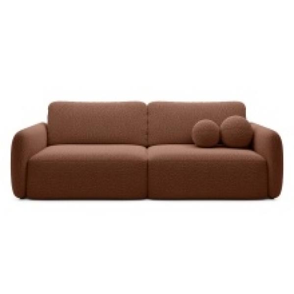 Sofa rozkładana Botse miedziana z pojemnikiem, obłe kształty, boucle