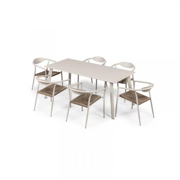 Zestaw ogrodowy Piretto stół 180 cm + 6 krzeseł, aluminiowy, technorattan, jasnobeżowy