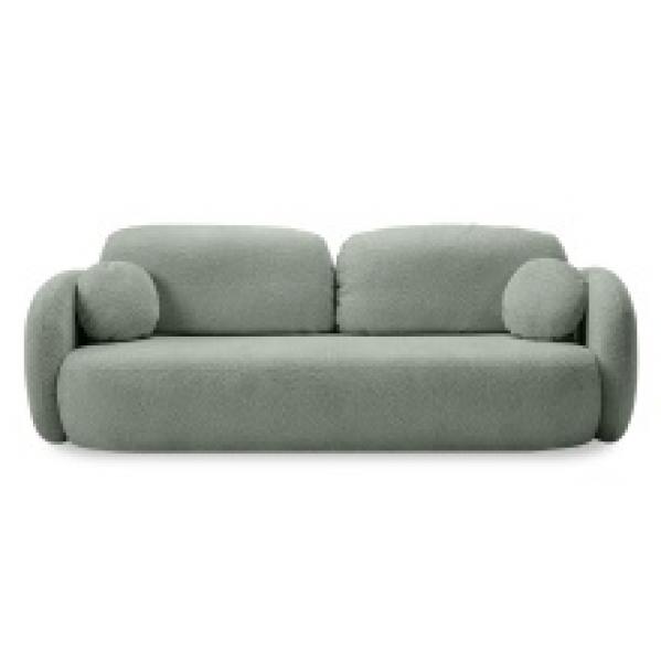 Sofa rozkładana Lindo z pojemnikiem, szałwiowa, boucle, obłe kształty