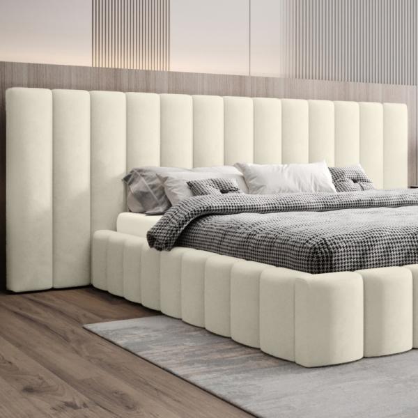 Łóżko tapicerowane Ada Lux 140x200 cm ze stelażem i pojemnikiem, jasnobeżowe