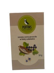 CZARNA PORZECZKA PUFFINGOWANA W BIAŁEJ CZEKOLADZIE 50 g - PUFFINS