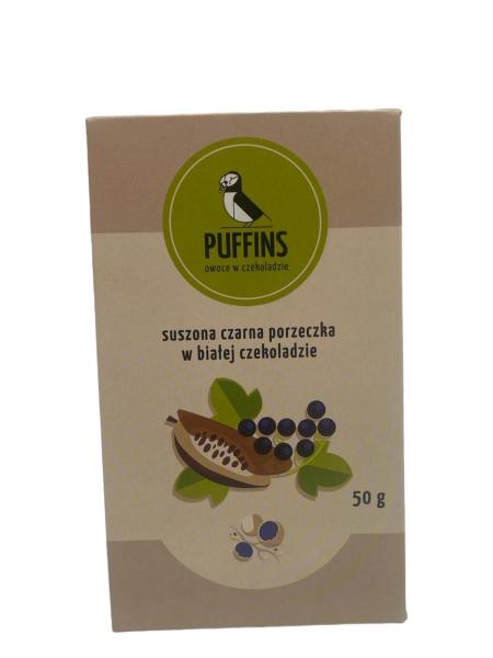 CZARNA PORZECZKA PUFFINGOWANA W BIAŁEJ CZEKOLADZIE 50 g - PUFFINS