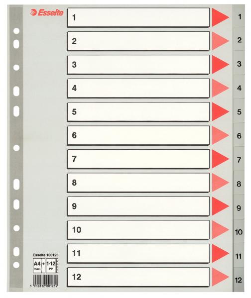 Przekładki plastikowe Esselte A4 Maxi numeryczne 1-12 - szare