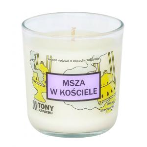 Naturalna świeca sojowa Msza w Kościele o zapachu kadzidła, w szklanym naczyniu, idealna jako podarunek, upominek dla najbliższych, pomoże odtworzyć z