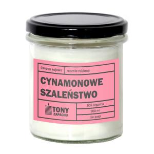 Świeca sojowa naturalna zapachowa CYNAMONOWE SZALEŃSTWO - najlepsza aromatyczna bezpieczna ręcznie robiona w szklanym słoiczku 300ml 50h palenia na pr