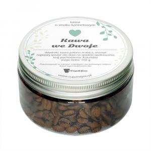 Kawa we Dwoje - o smaku karmelowym, spakowana w eleganckie pudełko mieszczące 100g ziaren 100% Arabica, idealna na prezent dla Pary Młodej