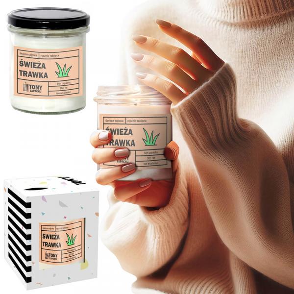 Świeca sojowa naturalna zapachowa ŚWIEŻA TRAWKA- najlepsza aromatyczna bezpieczna ręcznie robiona w szklanym słoiczku 300ml 50h palenia na prezent upo