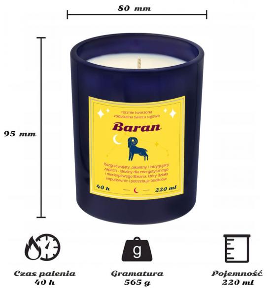 Świeca zodiakalna sojowa naturalna zapachowa BARAN - najlepsza, aromatyczna, bezpieczna, ręcznie robiona w szklanym słoiczku 220ml 40h palenia na prez