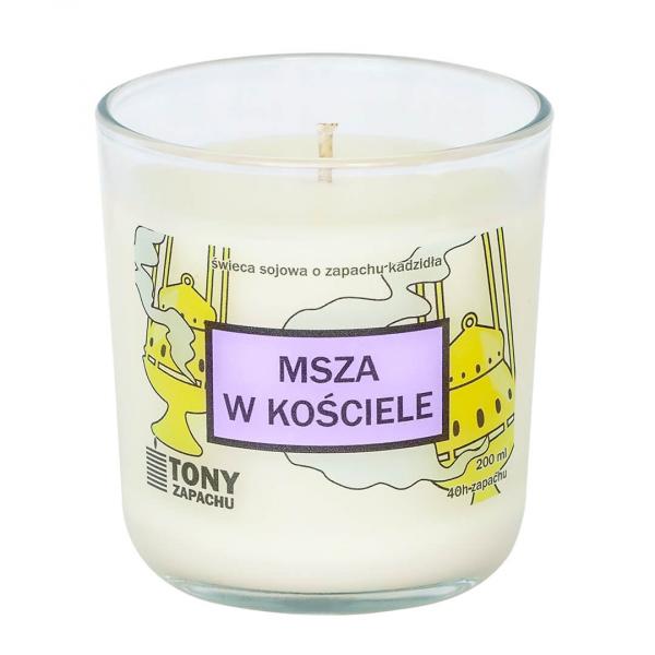 Naturalna świeca sojowa Msza w Kościele o zapachu kadzidła, w szklanym naczyniu, idealna jako podarunek, upominek dla najbliższych, pomoże odtworzyć z