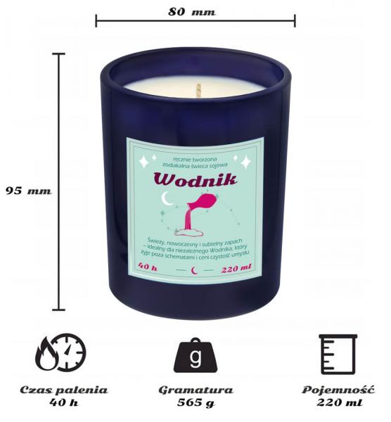 Świeca zodiakalna sojowa naturalna zapachowa WODNIK - najlepsza, aromatyczna, bezpieczna, ręcznie robiona w szklanym słoiczku 220ml 40h palenia na pre