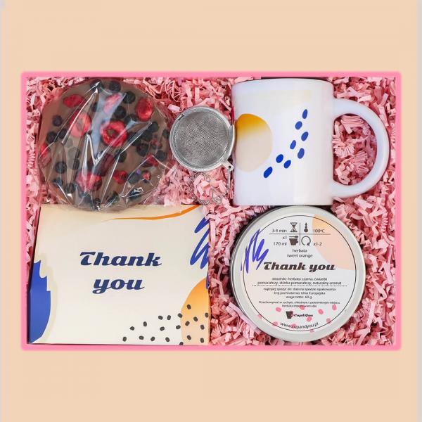 Gotowy zestaw prezentowy „Thank You“ BOX herbaty smakowe kubek zaparzacz kulka herbata PREMIUM czekolada prezent upominek podziękowanie dla faceta