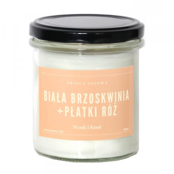 Świeca sojowa BIAŁA BRZOSKWINIA + PŁATKI RÓŻ - aromatyczna ręcznie robiona naturalna świeca zapachowa w słoiczku 300ml