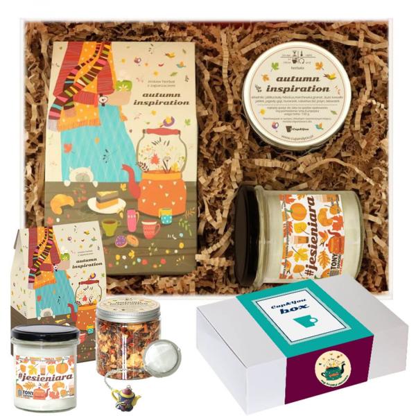 Gotowy zestaw prezentowy „Box AUTUMN INSPIRATION“ herbata mix 10szt. zaparzacz herbata PREMIUM świeca sojowa prezent upominek na jesienne wieczory